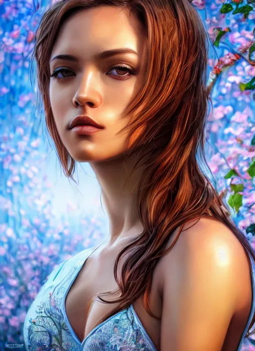 Image similar to photo of a gorgeous female in the style of stefan kostic, realistic, half body shot, sharp focus, 8 k high definition, insanely detailed, intricate, elegant, art by stanley lau and artgerm, extreme bokeh foliage