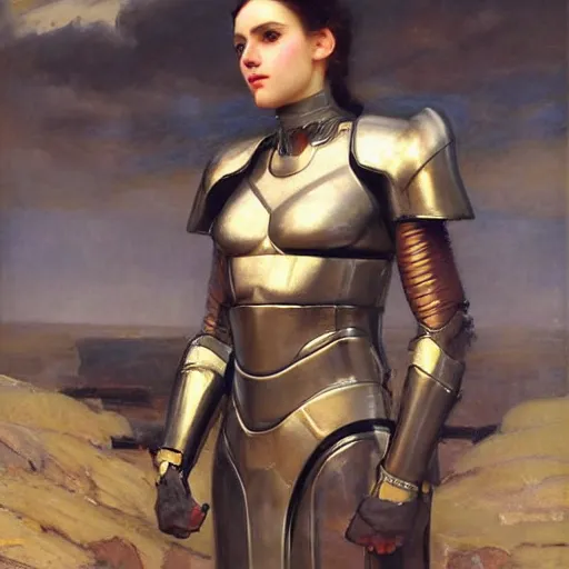 Prompt: a woman wearing futuristic armor, attractive face. portrait by john william waterhouse and edwin longsden long and theodore ralli and nasreddine dinet, photography. cinematic, hyper realism, realistic proportions, dramatic lighting, high detail 4 k