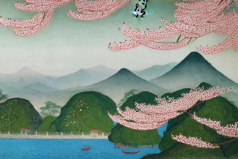 Prompt: an ultradetailed landscape painting of westlake in china hangzhou, pagodas on hills, osmanthus blossoms nearby, fine wind, chinese water color, smooth, sharp focus, illustration, by hilma af klint, 8 k