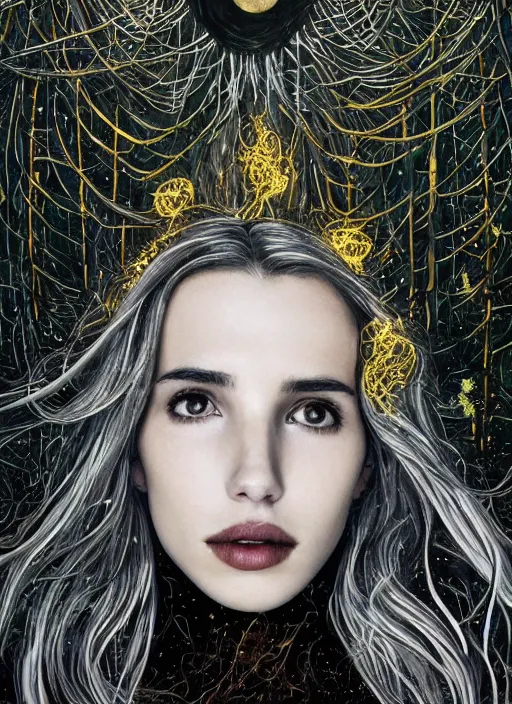 Image similar to glowing silver and golden elements, full close-up portrait, Emma Roberts as a dark witch in front of the full big moon, book cover, green forest, red white black colors, establishing shot, extremly high detail, foto realistic, cinematic lighting, pen and ink, intricate line drawings, by Yoshitaka Amano, Ruan Jia, Kentaro Miura, Artgerm, post processed, concept art, artstation, matte painting, style by eddie, raphael lacoste, alex ross