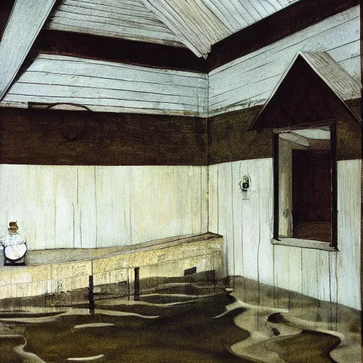 Image similar to painting of the inside of a flooded house, by Andrew Wyeth