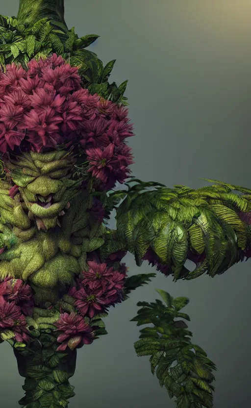 Image similar to a plant creature, foliage, plant filaments, flowers, humanoid shape, full body, photorealistic, 4 k, octane render, cinematic lighting, artistic photography, insanely detailed and intricate