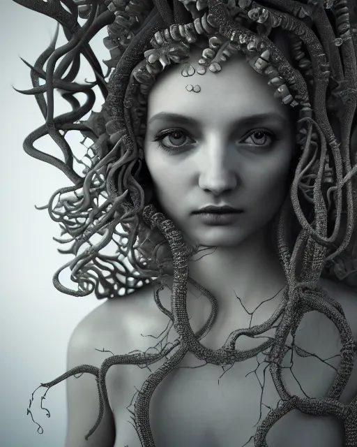 Image similar to surreal mythical dreamy underwater artistic black and white 3 d render of a translucent beautiful young female angelic - medusa - vegetal - doll, highly detailed, intricate crystal ivy jelly ornate, poetic, translucent algae ornate, digital art, octane render, 8 k artistic photography, photo - realistic, hg giger flora borsi