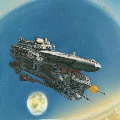 Image similar to scout spaceship with 100-ton hull used for exploration survey and courier duties, peter elson, chris foss, john berkey, tony roberts, jim burns, don davis