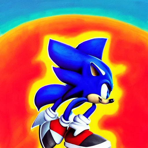 Prompt: a painting of Sonic the Hedgehog in the style of Kilian Eng, 1991