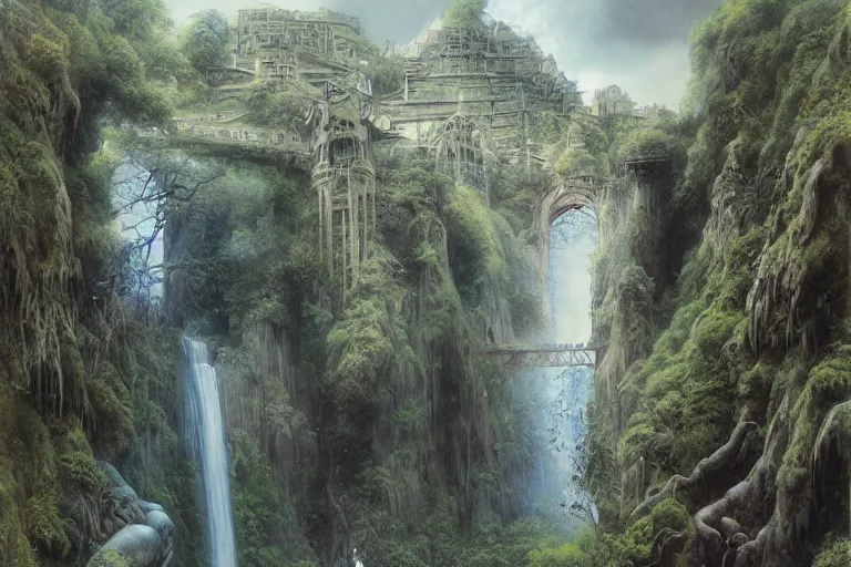 Prompt: Himeji Rivendell overlooks the Garden of Eden, amazing concept painting, fantasy landscape, castle, valley, waterfalls, trees, by Jessica Rossier by HR giger by Beksinski, by brian Froud