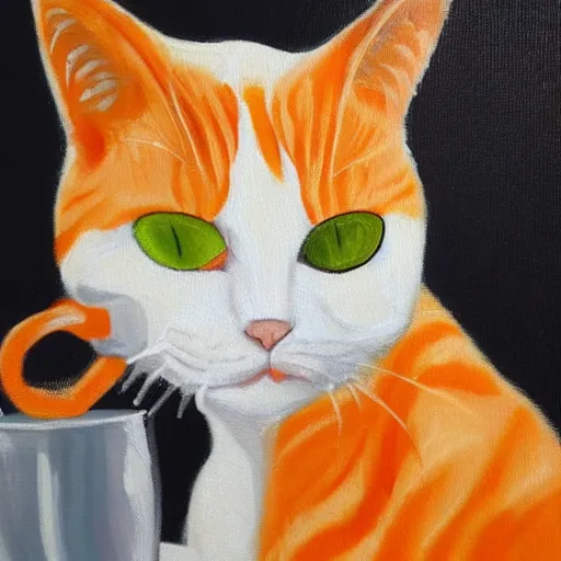 Image similar to oilpainting canvas of a sad orange white tabby cat drinking beer and smoking a cigarette at a bar, overthinking his mistakes he made in life