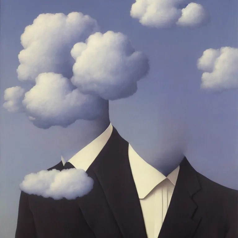 Image similar to portrait of a man in a suit, his head is a cloud, by rene magritte, detailed painting, hd, hq, high resolution, high detail, 4 k, 8 k