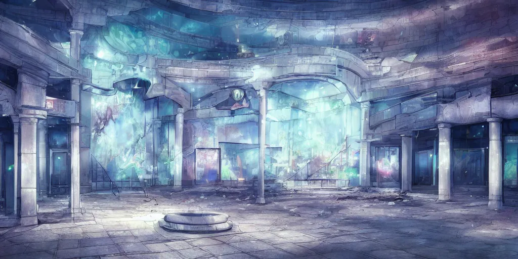 Prompt: abandoned mall at night, a fountain in the middle, subtle wear - and - tear, anime!, award - winning digital art