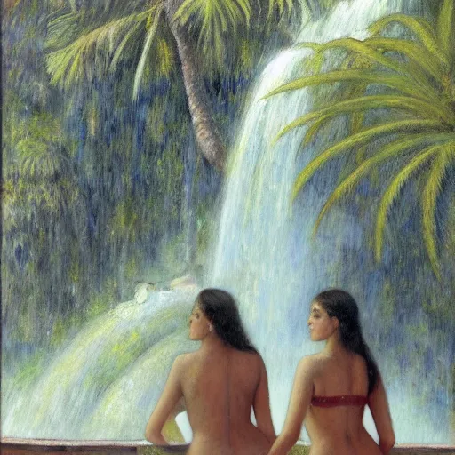 Prompt: a ultradetailed beautiful painting of three beautiful and physically attractive women standing in front of the diamonds waterfall in the amazonas palace balustrade designed by jules bastien - lepage, tarsila do amaral, frank weston and gustave baumann, beach, trending on artstation, mediterranean, palm trees, sharp focus, soft light, 8 k 4 k