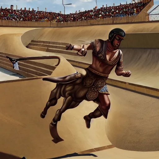 Prompt: roman chariot racing in a skate park half-pipe, tony hawk pro skater game cover