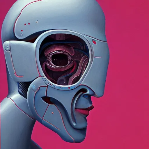 Prompt: portrait half face robot,highly detailed, very coherent, painted by Francis Bacon and Edward Hopper, Wayne Barlowe, painted by James Gilleard, surrealism, airbrush, art by JamesJean