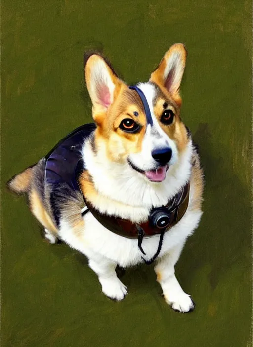 Image similar to Greg Manchess painting of a Corgi as Master Chief from Halo, countryside, calm, fantasy character portrait, dynamic pose, above view, sunny day, artwork by Jeremy Lipkin and Giuseppe Dangelico Pino and Michael Garmash and Rob Rey, very coherent asymmetrical artwork, sharp edges, perfect face, simple form, 100mm