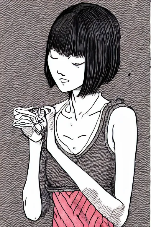 Image similar to portrait of a girl in long pants and a top, hands in pockets, eyes closed, red color heart shaped tattoo on the right hand, bob haircut, digital art, black and white, illustration by junji ito and kaoru mori