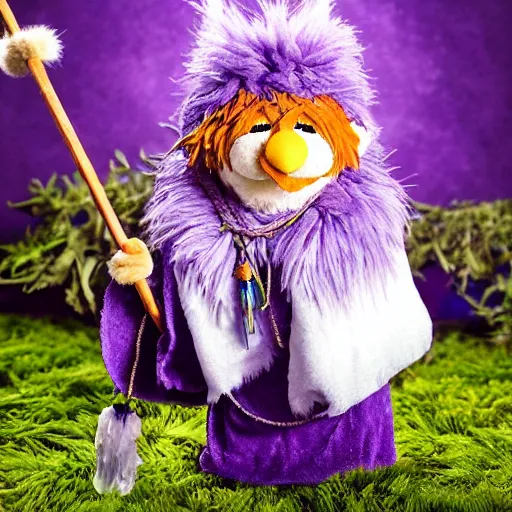 Prompt: foxfolk wizard druid as a fluffy chibi muppet plush wearing a wizard cloak and holding a staff made from a stick with an amethyst gemstone tied at the top, photorealistic, photography, national geographic, sesame street