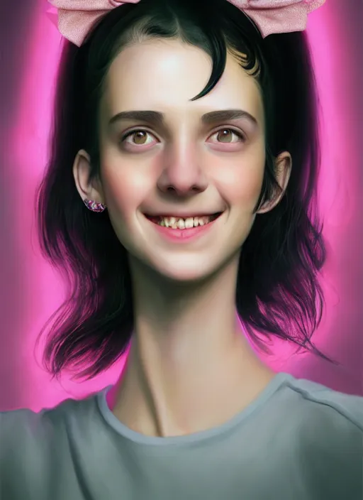 Image similar to portrait of high school girl, realistic, black hair, bangs, half updo hairstyle, pointy nose, skinny, smile, ugly, defined jawline, big chin, pink hair bow, earrings, intricate, elegant, glowing lights, highly detailed, digital painting, artstation, sharp focus, illustration, art by wlop, mars ravelo and greg rutkowski