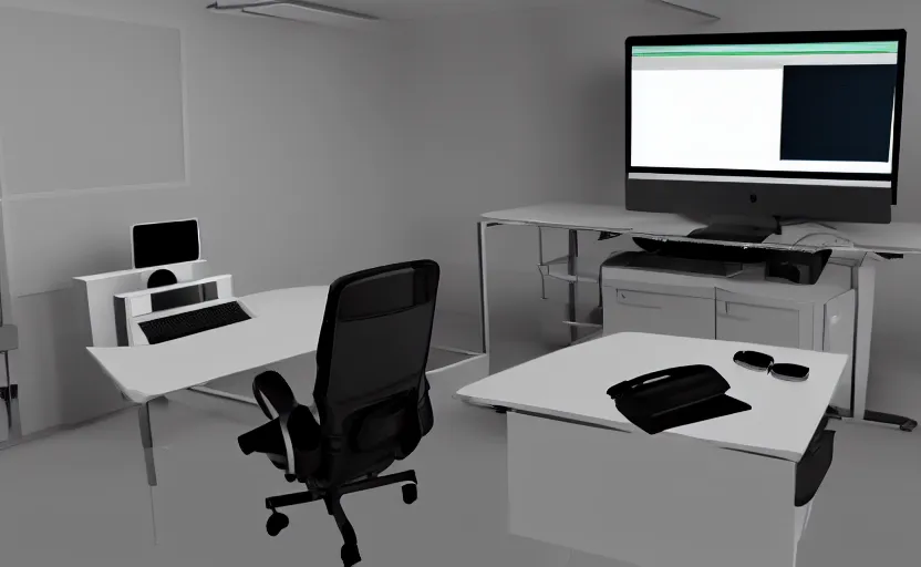 Image similar to 3d rendering computer office with way too many peripherals and accessories