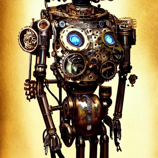 Prompt: the portrait of a human-like steampunk metal robot, photorealistic, highly detailed, intricate details, oct rendre, vivid colors, futuristic, sci-fi, dramatic lighting