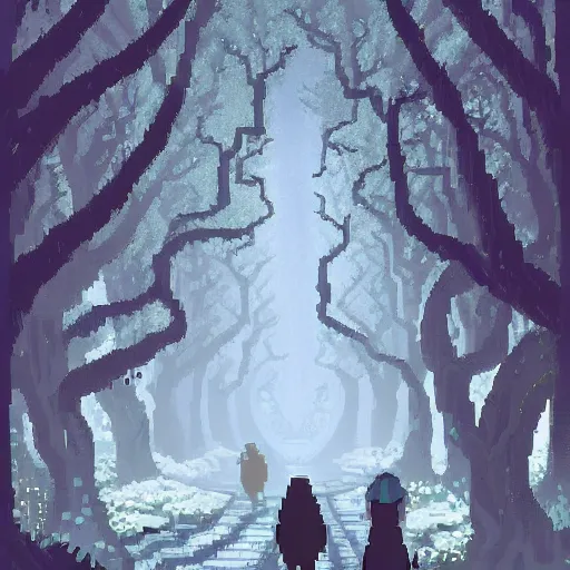 Prompt: A beautiful #pixelart pixel art illustration of a single dusty path winding through a dark fairytale forest by Eyvind Earle and Ivan Shishkin and Marc Simonetti and Amanda Clark and Zhicao Cai, at night, nature, shadows, haunting, DeviantArt, #pixelart:3, blur, dof, human, hair, man, woman, people, person, figure, face, jpeg artifacts, flesh, realism, photorealism, photograph, dust, scratches, text, watermark:-1