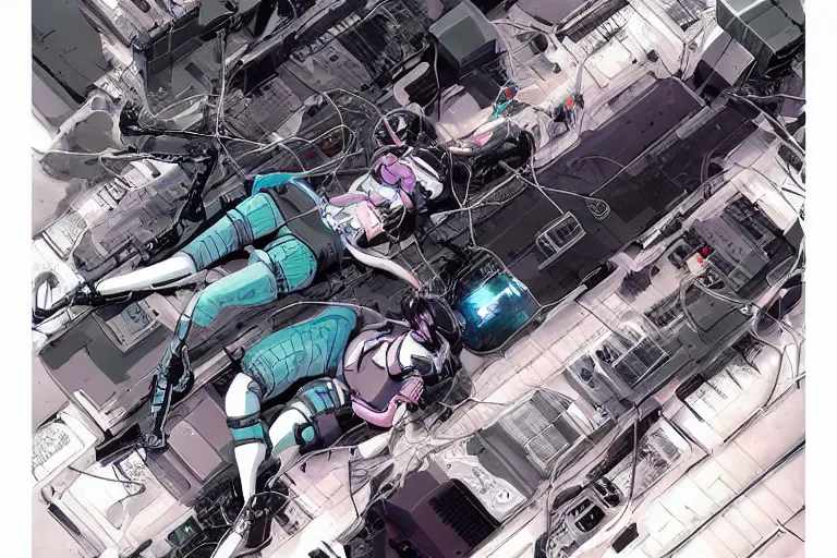 Image similar to a cyberpunk illustration of a group of three female androids in style of masamune shirow, lying on an empty, white floor with their bodies rotated in different poses and cables and wires coming out, by yukito kishiro and katsuhiro otomo, hyper-detailed, intricate, view from above