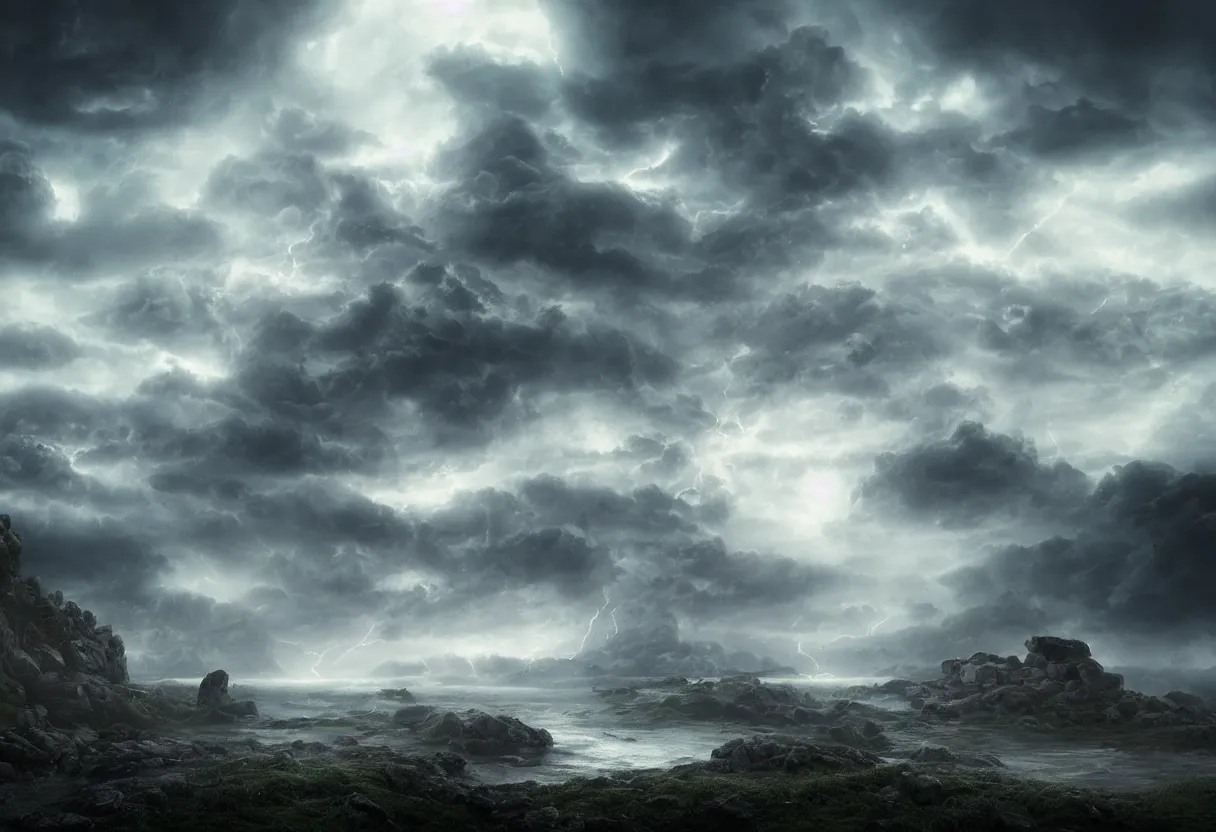 Prompt: Photorealistic epic misty landscape with magical floating rocks, psychedelic glowing runes, stones falling from the sky, with ominous storm clouds, a gentle rising mist. occult photorealism, UHD, amazing depth, cinematic lighting, epic scale, glowing rich colors, powerful imagery, concept art