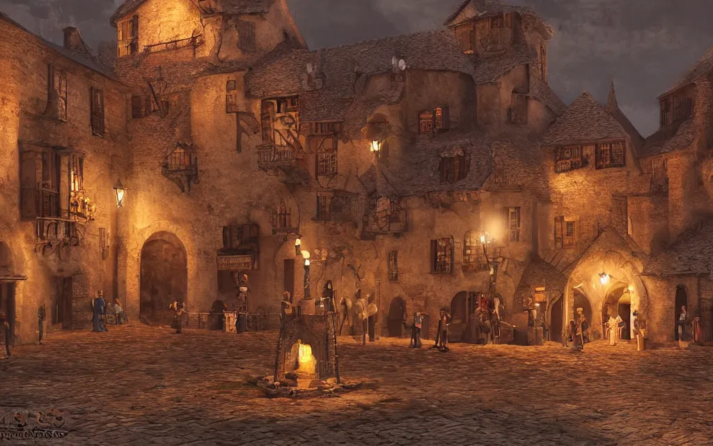 Image similar to at the square of a medieval french village made from chocolate a well in the center, arches, orange light, highly detailed, cinematic lighting, render, fantasy