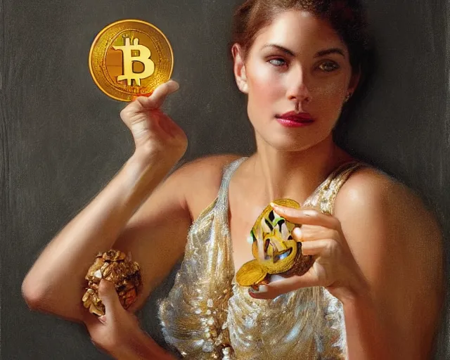 Prompt: attractive woman holding a golden bitcoin, commerial painting by annie liebovitz, gaston bussiere, craig mullins, j. c. leyendecker, 8 k