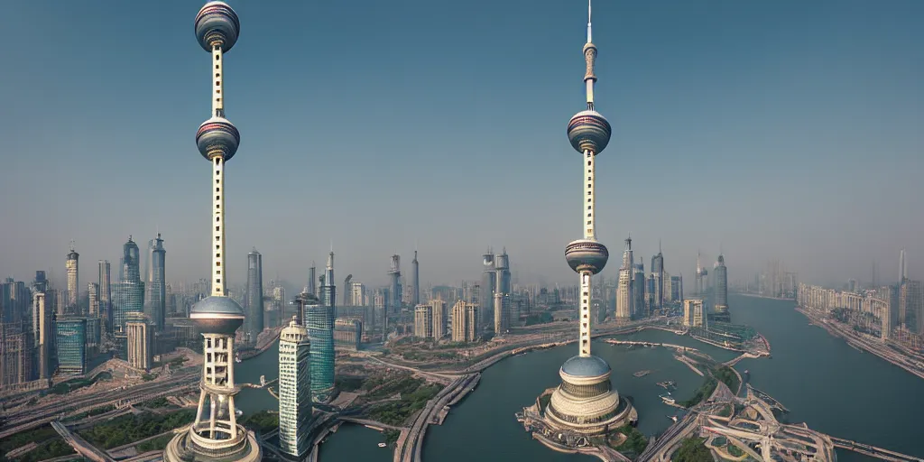 Image similar to a very high resolution image from a new movie, oriental pearl tower, front view, photorealistic, photography, directed by wes anderson