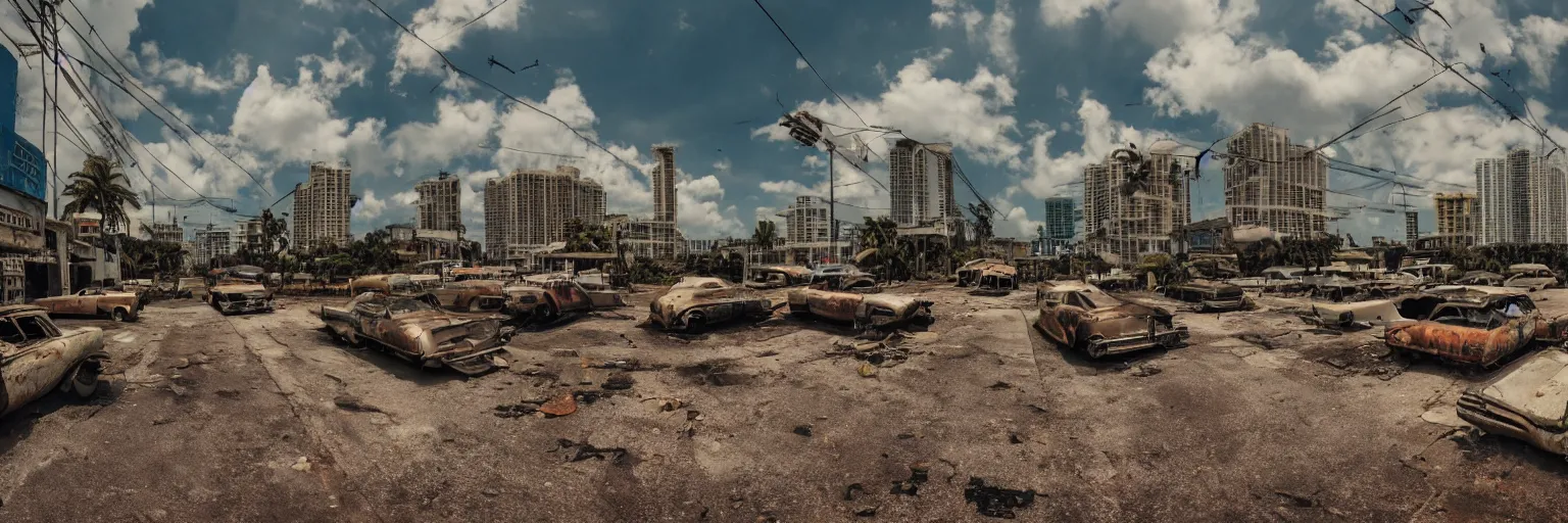 Image similar to low wide angle shot of dilapidated fallout 5 miami, tropical coastal cityscape, desolate, dilapidated neon signs, few rusted retro futuristic vintage parked vehicles like cars, buses, trucks, trams, sunny weather, few clouds, volumetric lighting, photorealistic, daytime, spring, sharp focus, ultra detailed, 4 0 0 0 k