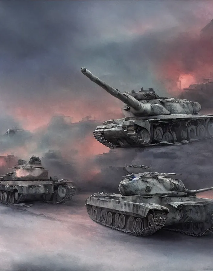 Prompt: Concept art of random World War 2 cinematic scenes in winter, german and soviet soldiers, some tanks and buildings destroyed, blue sky, mist, boixcar style, matte painting, vaporwave vaporwave vaporwave watercolor cover art with warm and vibrant colors, volumetric light, oil on canvas art by Alize Zhang , award-winning masterpiece with incredible and beautiful details digital art, trending on artstation, smooth, HD, 4K