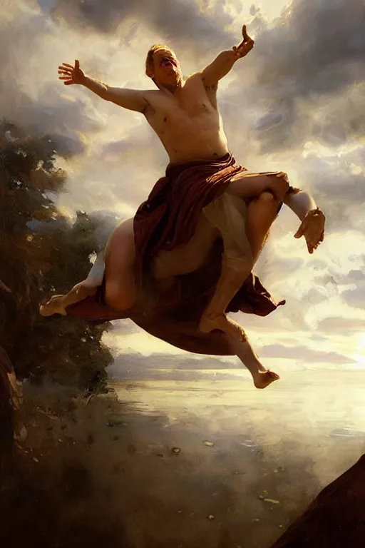 Image similar to beautiful oil painting portrait of ancient roman god emperor steve buscemi floating in the air wearing the civic crown levitating and ascending in a religious pose, ascension, art by anders zorn, wonderful masterpiece by greg rutkowski, expressive brush strokes, beautiful cinematic light, american romanticism by greg manchess, jessica rossier