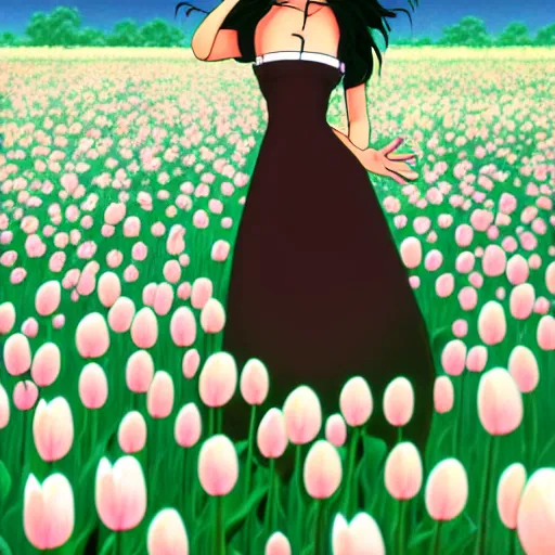 Prompt: beautiful dark skin mexican woman, dancing in a field of tulips and baby's breath, septum piercing and nose ring, prominent cheek bones, black hair and brown eyes, studio ghibli art style, art by hayao miyazaki, makoto shinkai