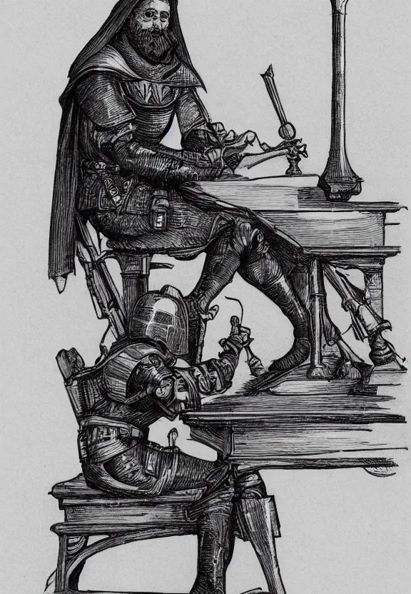 Image similar to [Medieval templar sitting on a desk watching youtube on a computer in a little dark room, illustration, sharp, focus, high quality, smooth]