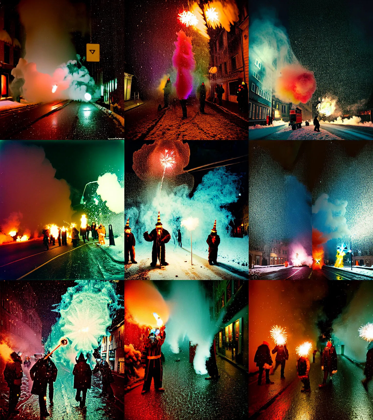 Image similar to kodak portra 4 0 0, wetplate, winter, snowflakes, rainbow coloured rockets, chaos, glitter tornados, award winning dynamic photo of a bunch of hazardous krampus between exploding fire barrels by robert capas, motion blur, in a narrow lane in salzburg at night with colourful pyro fireworks and torches, teal lights