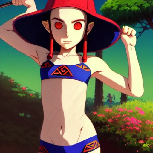 Image similar to beautiful boyish natalie portman gravure model in majora's mask, wearing wooden mask and baseball cap and leotard, street wear with subtle mayan patterns, aztec bathing suit, gapmoe yandere grimdark, trending on pixiv fanbox, painted by greg rutkowski makoto shinkai takashi takeuchi studio ghibli, akihiko yoshida