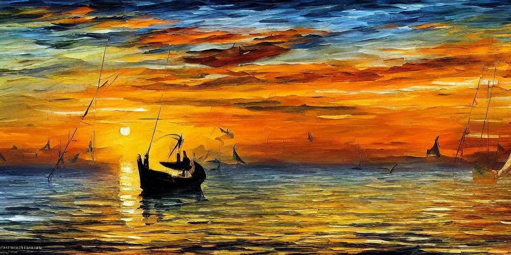 Image similar to rising sun ( ( ( fishing cormorant, fishing boat ) ) ) on the naples bay, by leonid afremov and moebius