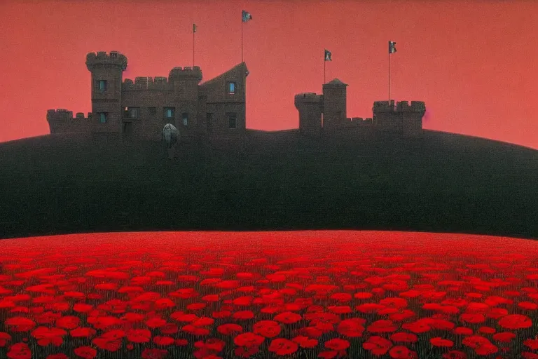 Image similar to only with red, red flowers of different types, a castle in the background, red giants rest over the flowers, in the style of beksinski, part by hopper, part by rodcenko, part by hofbauer, intricate composition, red by caravaggio, insanely quality, highly detailed, masterpiece, red light, artstation, 8 k