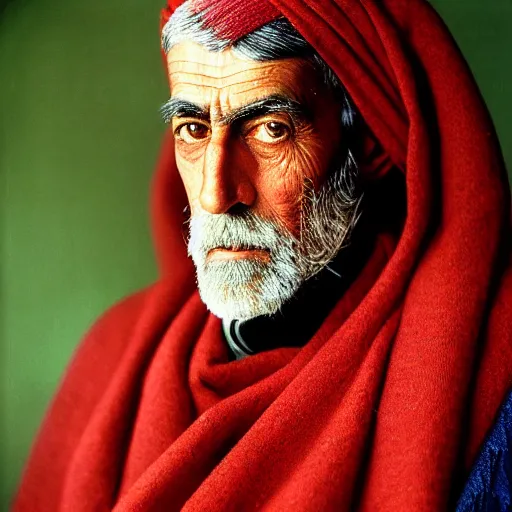 Image similar to portrait of president woodrow wilson as afghan man, green eyes and red scarf looking intently, photograph by steve mccurry