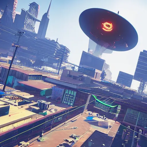 Image similar to flying saucer with a pyramid top shooting at a cyberpunk city, very detailed, realistic, many colors, art by gta 5,