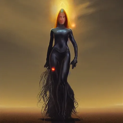 Prompt: pleiadian woman with big eyes and long silver hair wearing a dark body suit and holding a plasma gun standing in barren fields, sci fi portrait art by greg rutkowski