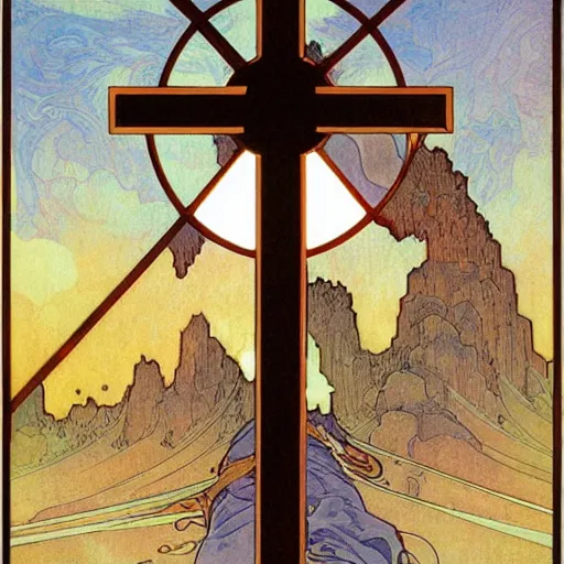 Image similar to a spiritual cross on top of a holy mountain, Mucha, Moebius, Mohrbacher