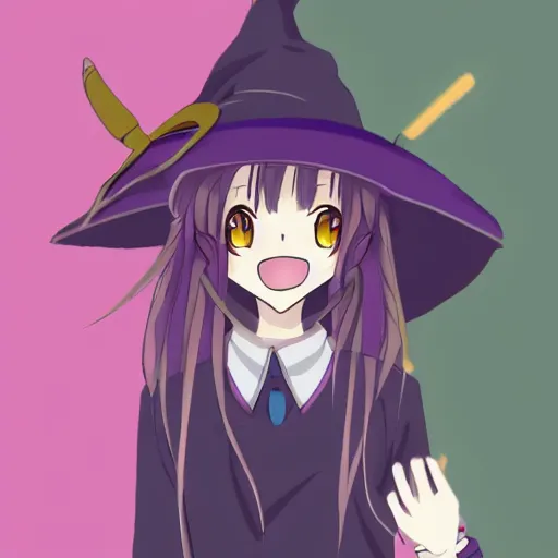 Prompt: an anime drawing of a happy woman in a very large oversized witch hat, anime styled, cute