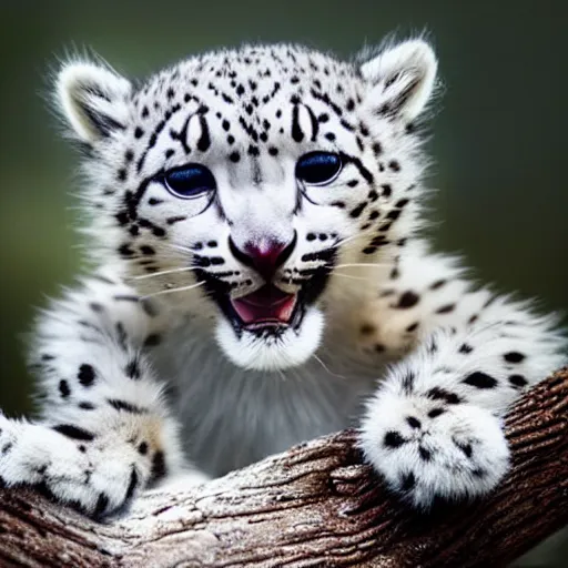 Image similar to very very very very very very cute chibi baby snow leopard playing, portrait, stunning eyes, swatting at air, pixar style, forest background, cinematic lighting, award winning creature portrait photography