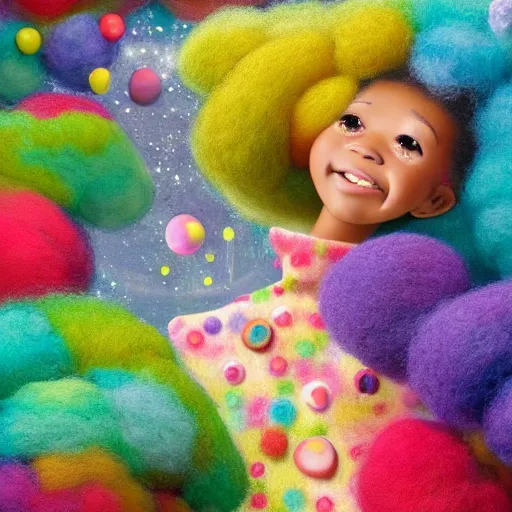 Image similar to a black girl with a colorful afro in a candy forest! at night, bokeh, bright colours, watercolor, volumetric wool felting, macro photography, children illustration, by goro fujita