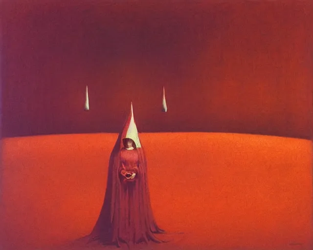 Image similar to devotion to the scarlet woman, priestess in a conical hat, coronation, ritual, sacrament, by francis bacon, beksinski, mystical redscale photography evocative.