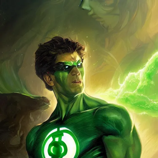 Prompt: Green Lantern summoning a car, artists portrait, fantasy, highly detailed, digital painting, concept art, sharp focus, depth of field blur, illustration, art by artgerm and greg rutkowski and alphonse mucha