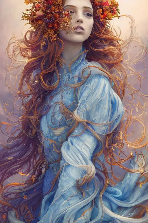 Image similar to breathtaking detailed painting by pilyeon and teffish on artstation, a full shot queen with long flowing bright blue hair, gauze dress and pastel flowers petals and golden tumultuous clouds, symmetrical facial features, at dawn in front of a pristine golden art nouveau cathedral, elegant, highly detailed, artstation, concept art, matte, sharp focus,