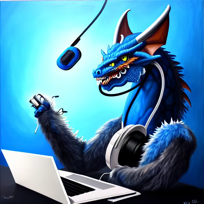 Image similar to a photorealistic painting of an anthropomorphic blue western dragon wearing headphones, laptop, oil on canvas, furry, soft lighting