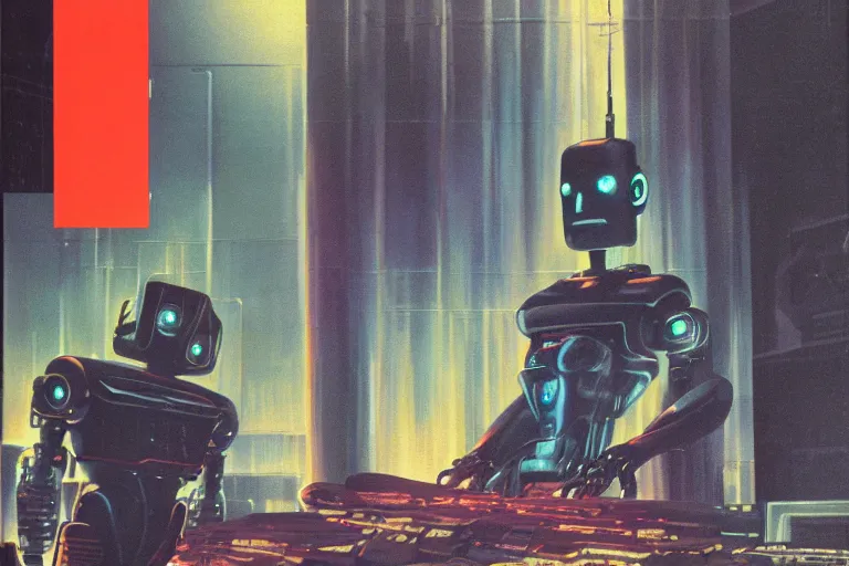 Image similar to 1979 OMNI Magazine Cover depicting a creepy imposing Robot standing in a throne room. Cyberpunk Akira style by Vincent Di Fate