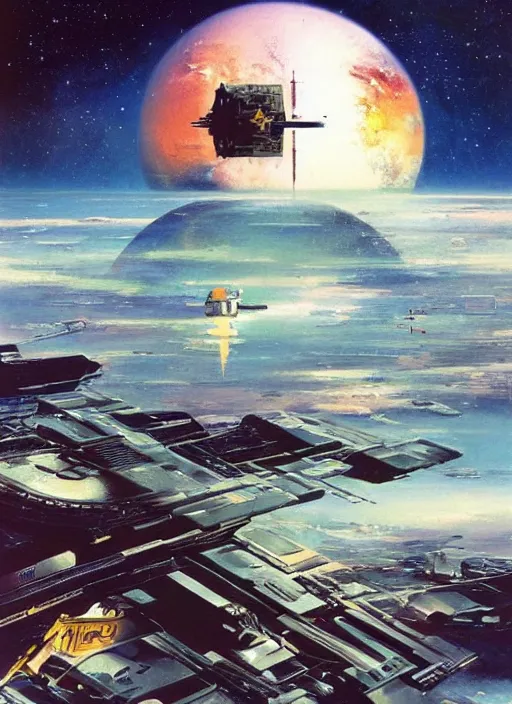 Image similar to spacious bg. minimalistic piece. simplified environment. lonely cosmos. single ship as main subject. masterpiece book cover illustration by the great famous sci - fi artist john berkey.